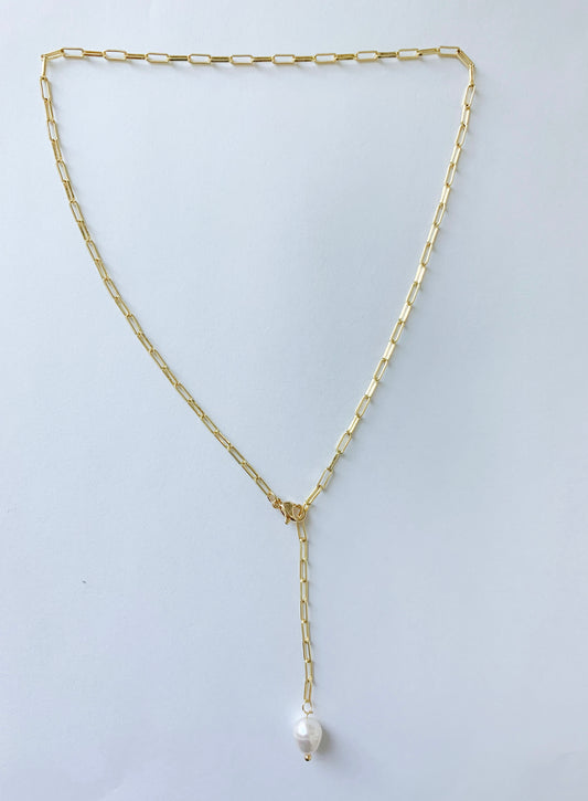 Paper Clip Pearl Lariat Necklace